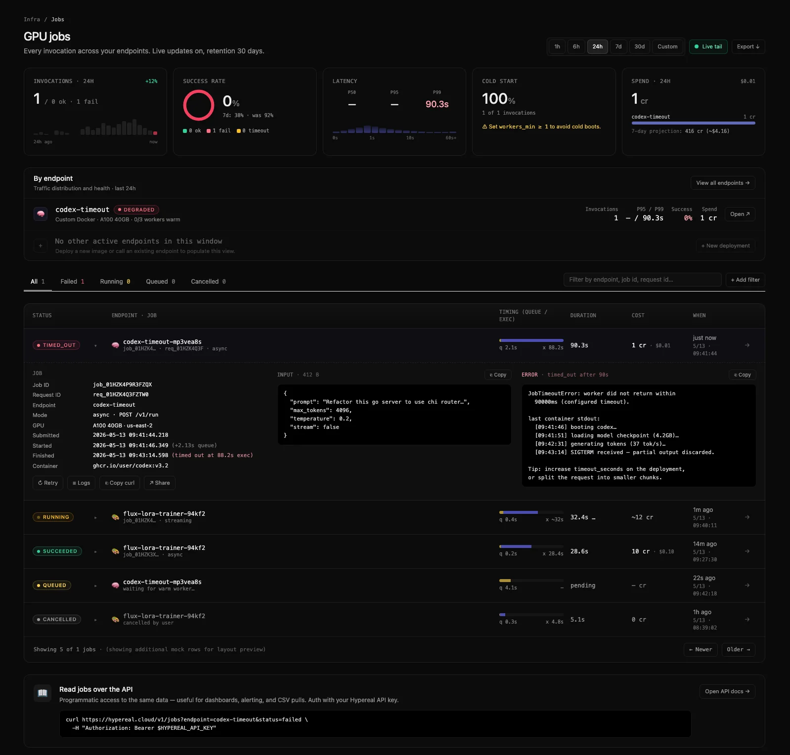 Hypereal GPU jobs console — invocations, success rate, latency histogram, and live tail
